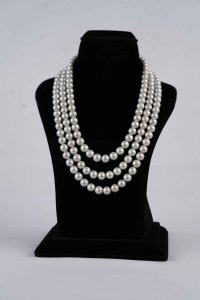 Three Rows Natural Fresh Water Round Gray Pearls