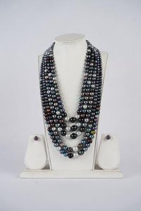 Five Rows Fresh Water Natural Pearls Black Shaded Round pearls with Tops