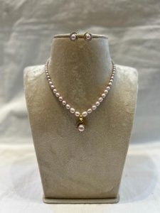 One Row Rice Grading Pink Pearl Mala With Pendant Set