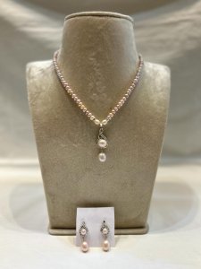 One Row Peach Pink Half Round Mala With Pearl Hanging Pendant Set