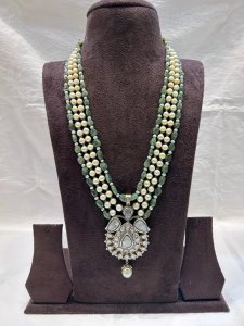 Victoria jewellery Full uncut polki jugni pendant with emerald and south sea pearls Mala combination